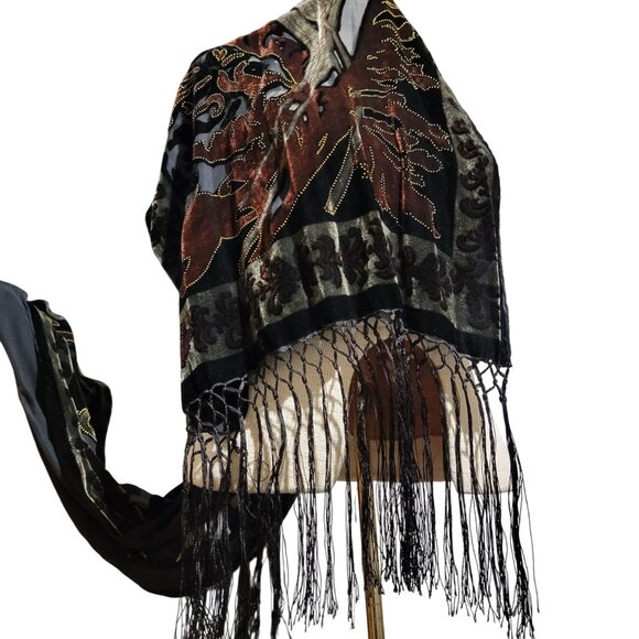 Velvet Burnout Silk Scarf Floral Art Deco Style Wrap Shawl Fringe - Picture 2 of 11